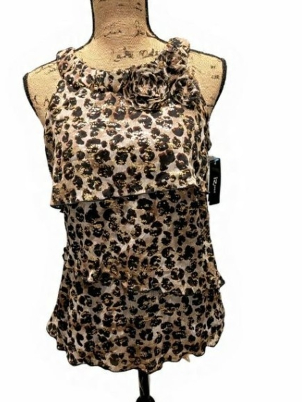 Leopard Print Layered Ruffle Tank Top - Brown, Beige, and Gold